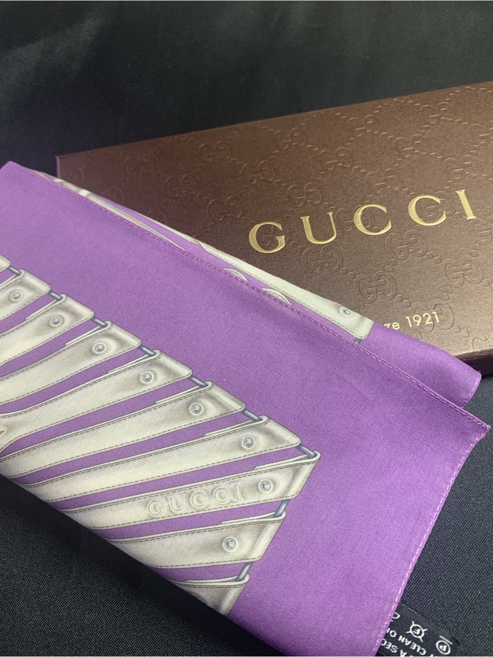 Gucci Purple Silk Scarf with Silver Accent Pattern
